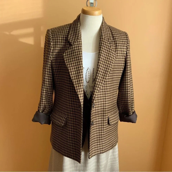 VINTAGE Brown/Tan Houndstooth Structured Blazer Size 10 - Picture 11 of 14